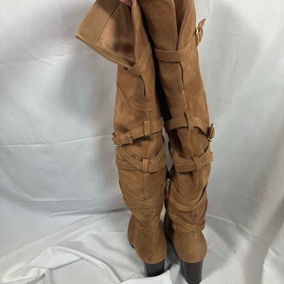 Sam Edelman Tan Suede OTK Boots 7 Leather Heel Wrap Strap Tall Zip Buckle - Picture 3 of 16